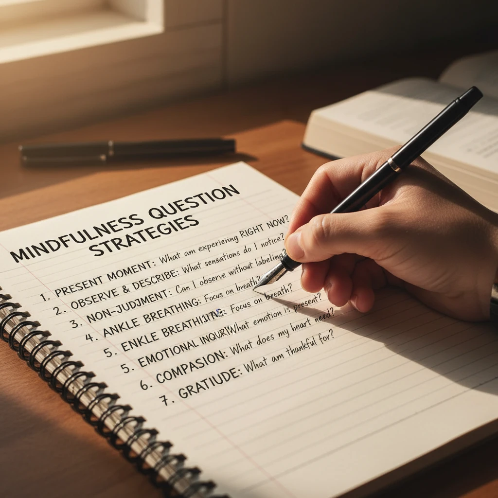 Ảnh cận cảnh tay viết ghi chú về chiến lược câu hỏi liên quan đến mindfulness