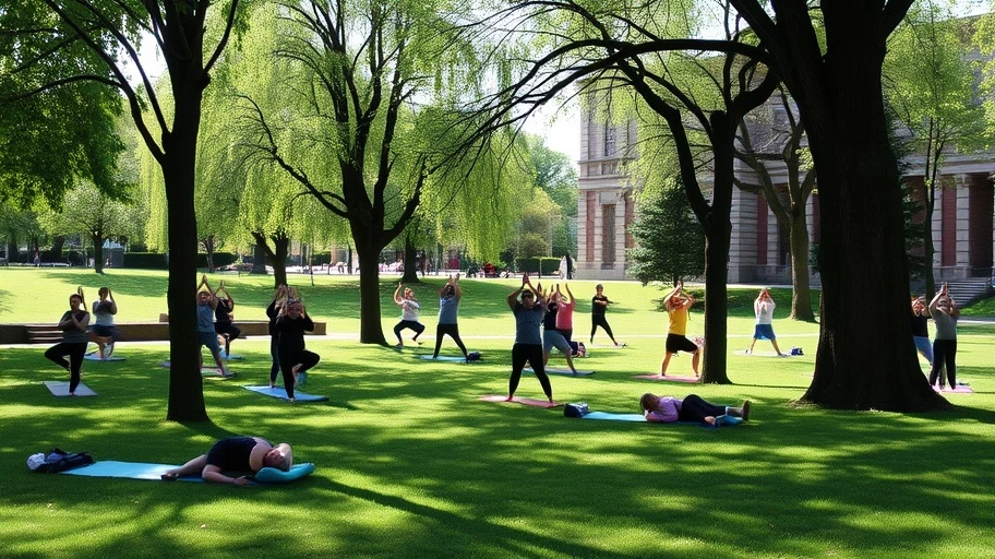 Ảnh công viên và người tập yoga minh họa thiền chánh niệm.