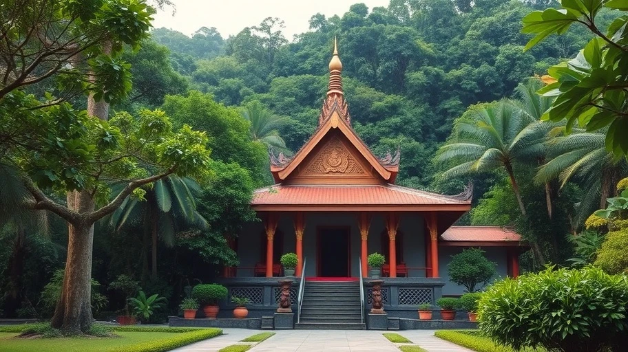 Ảnh ngôi chùa Phật giáo và thiên nhiên tươi xanh.