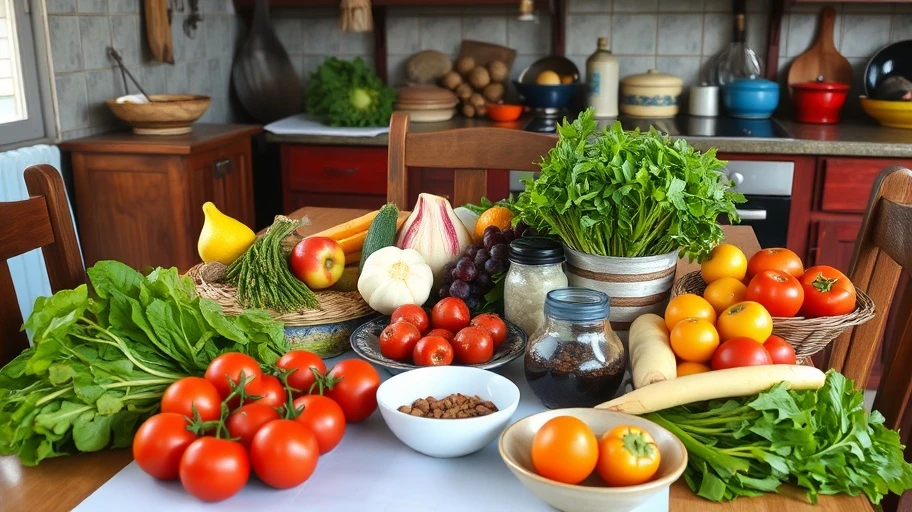 Bàn ăn với rau xanh và trái cây tươi tại nhà bếp Việt Nam