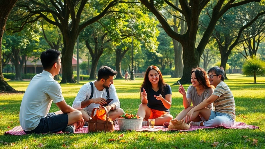 Bạn bè thưởng thức picnic trong công viên, thể hiện mối quan hệ tích cực.