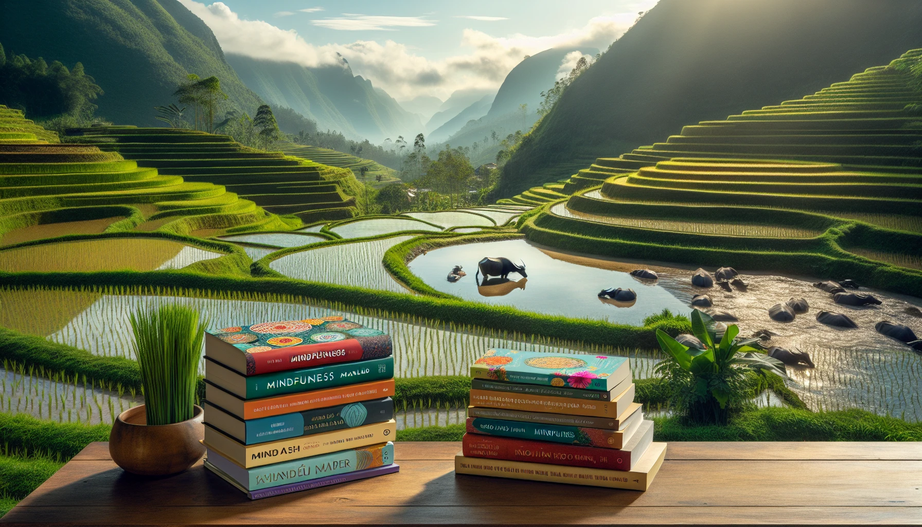 Bàn đọc sách về chánh niệm với khung cảnh thiên nhiên Việt Nam.