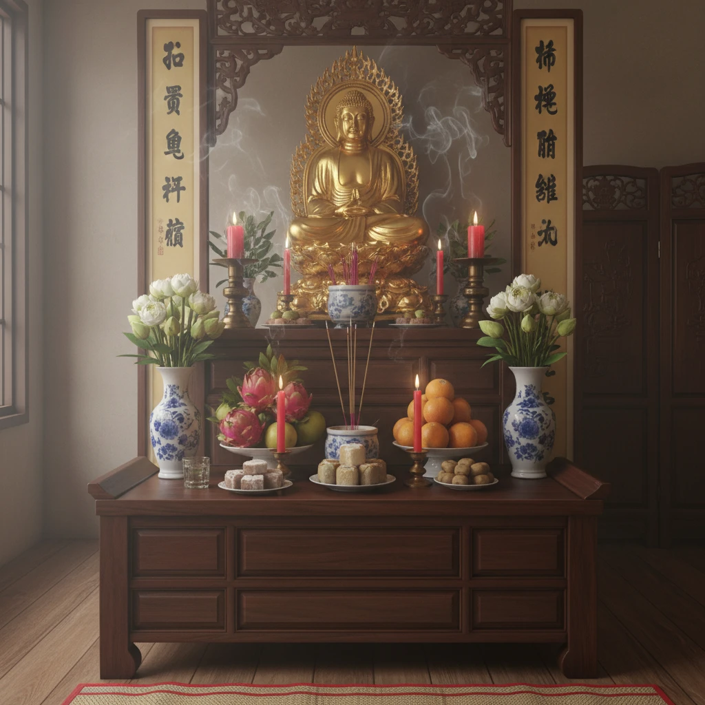 Bàn thờ truyền thống biểu hiện văn hóa tâm linh Việt Nam.