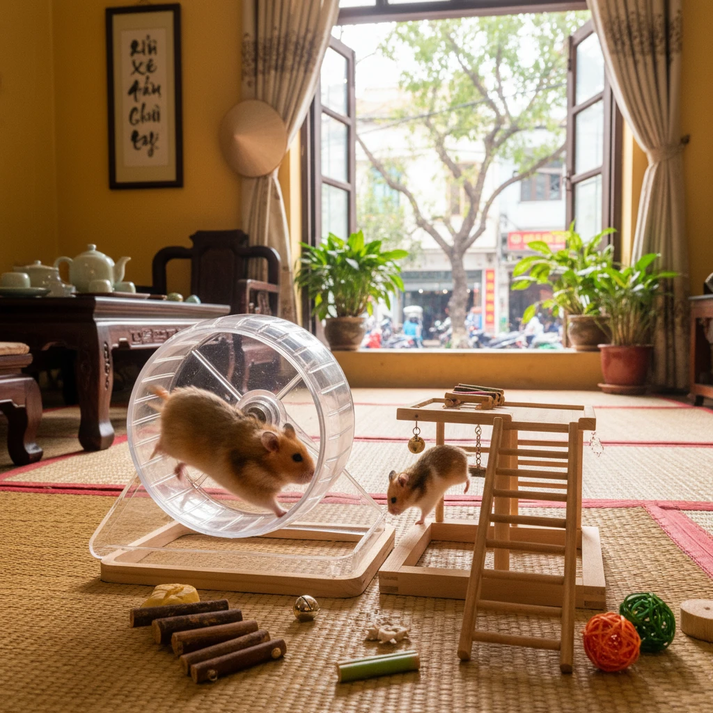 Bánh xe và đồ chơi cho chuột hamster vận động.