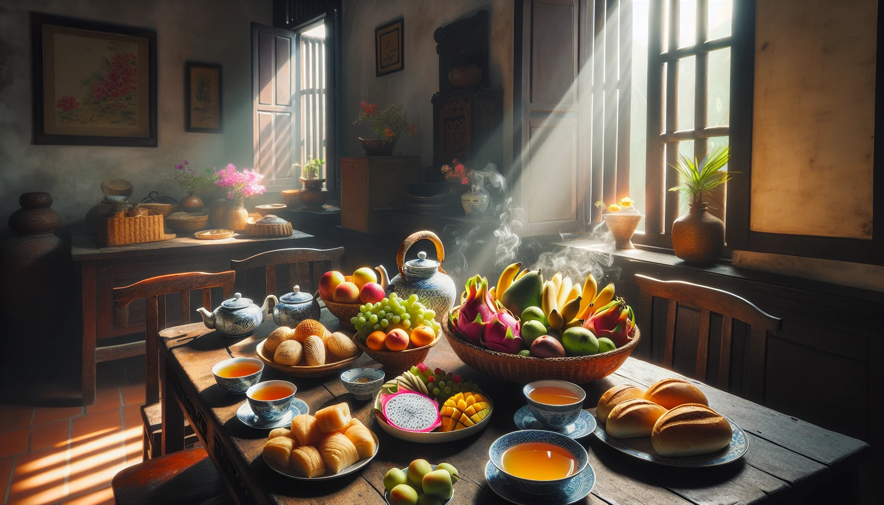 Bữa sáng lành mạnh với trái cây và trà
