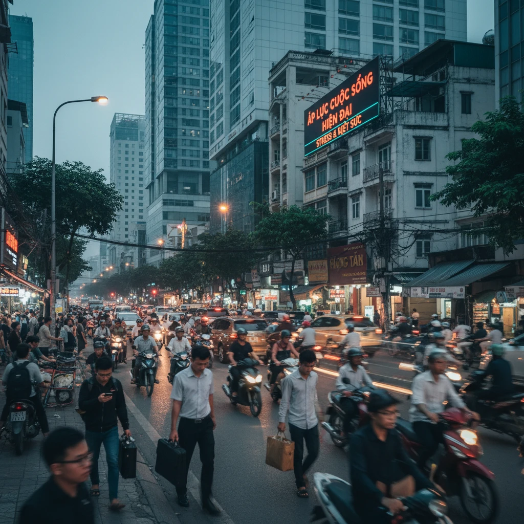 Cảnh phố xá tấp nập ở Việt Nam và ảnh hưởng đến sức khỏe tinh thần hiện đại.
