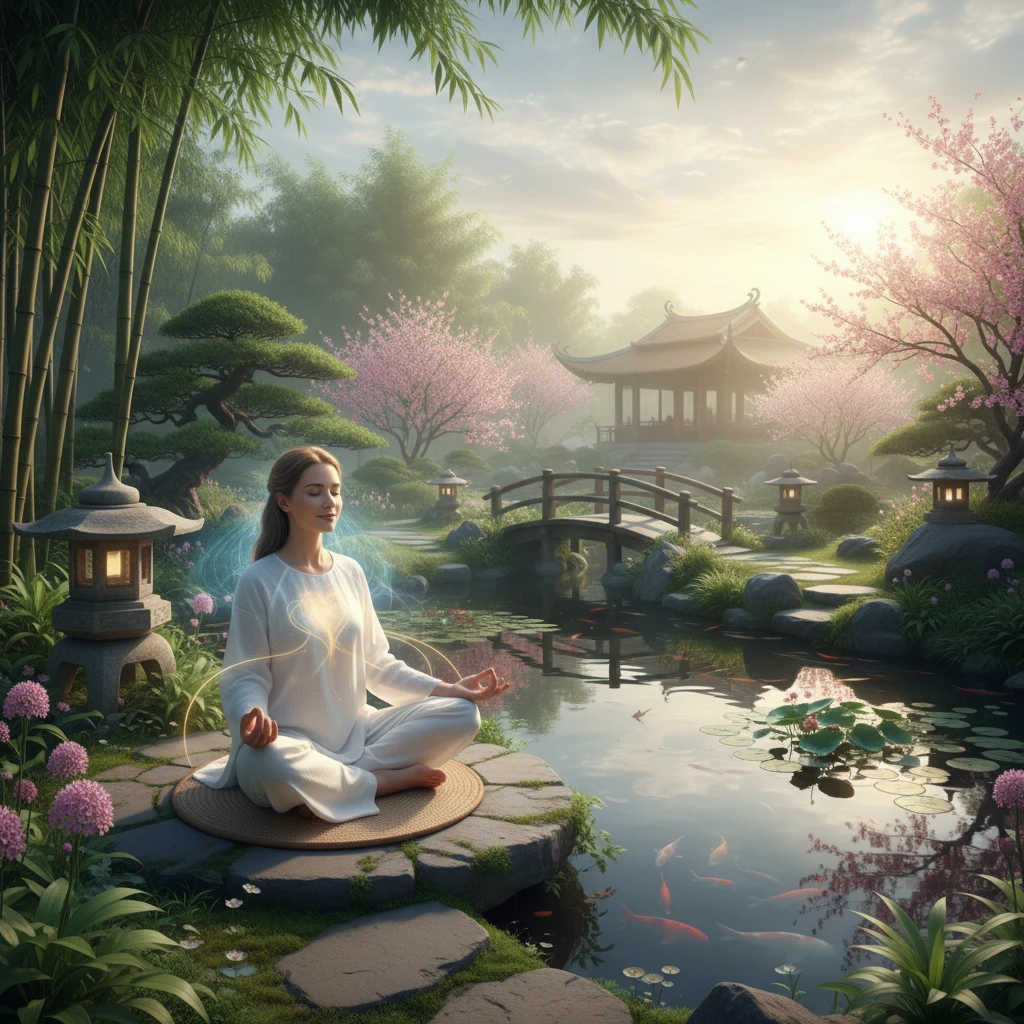 Cảnh vườn thanh bình minh họa sức khỏe qua thiền.