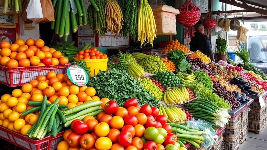 Chợ Việt Nam với trái cây và rau củ tươi sáng, biểu tượng cho lối sống lành mạnh.