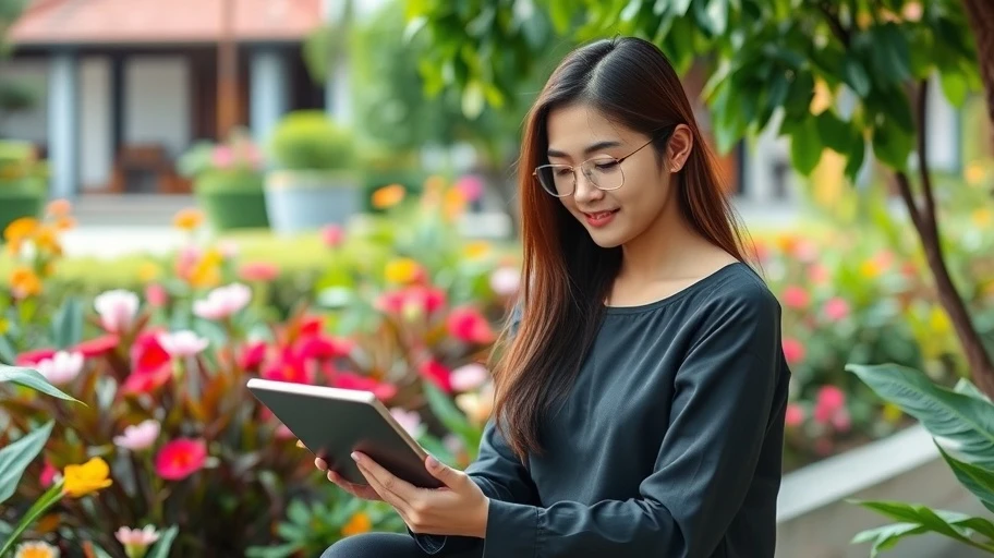 Cô gái trẻ đọc ebook trong vườn Việt Nam yên bình