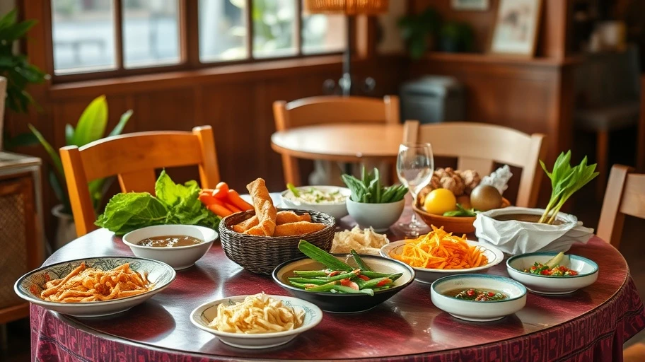 Dining table with fresh food, reflecting mindfulness in eating.