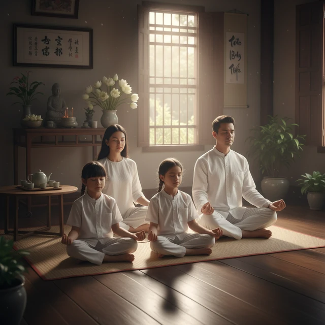 Gia đình người Việt thực hành thiền, tạo không khí hài hòa và yên bình.