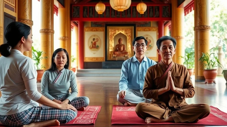Gia đình Việt thực hành chánh niệm tại đền thờ.