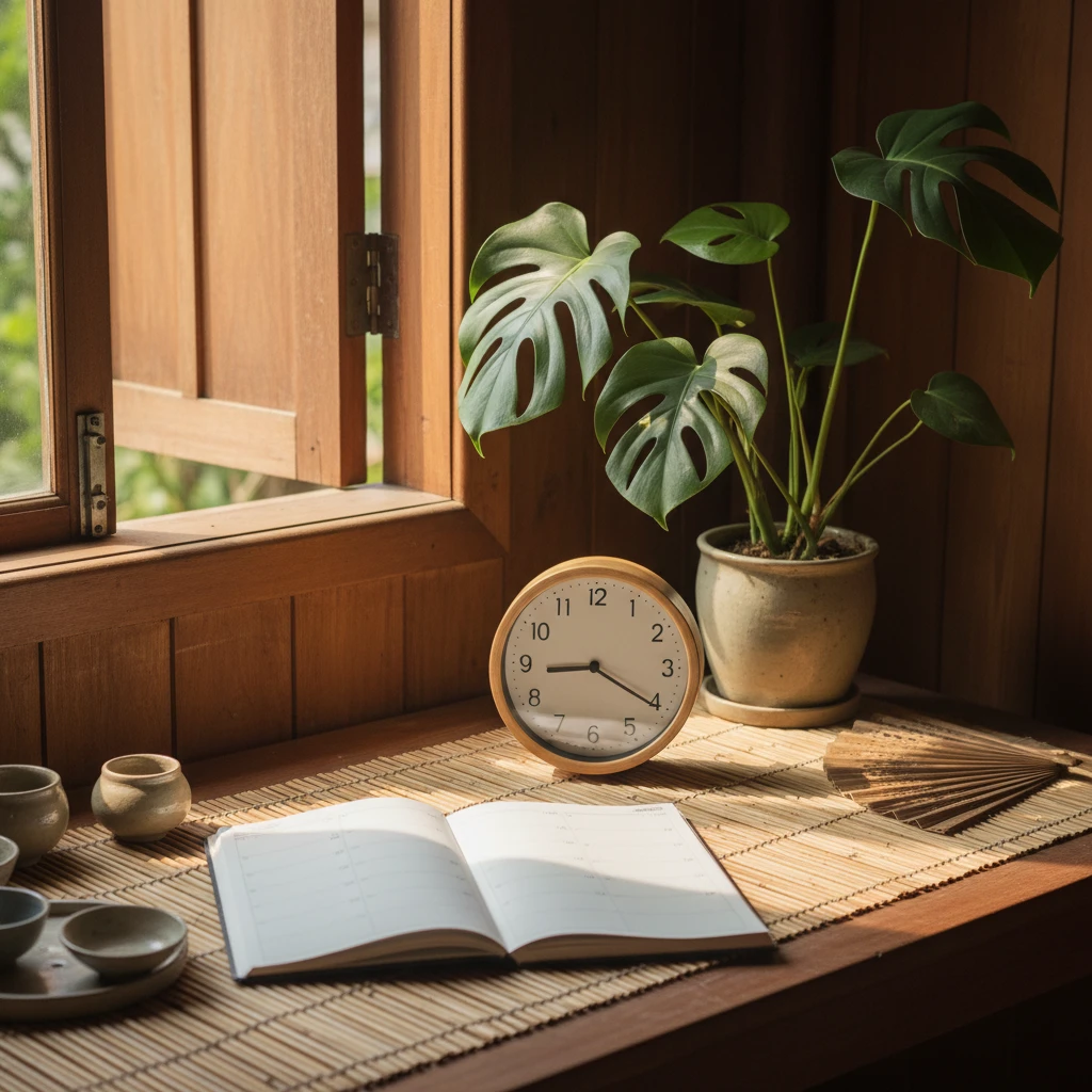 Hình ảnh bàn làm việc với kế hoạch và đồng hồ Pomodoro.