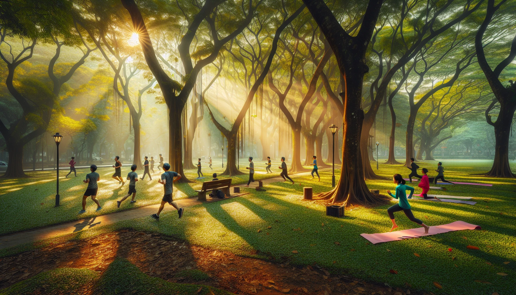 Hình ảnh công viên với người chạy bộ và tập yoga tại Việt Nam