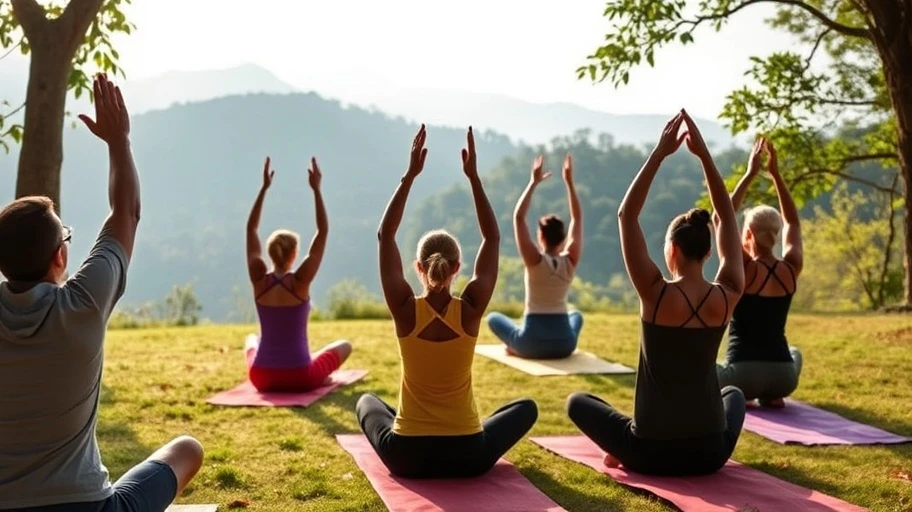 Hình ảnh lớp yoga ngoài trời tại Việt Nam, thúc đẩy sức khỏe tinh thần.