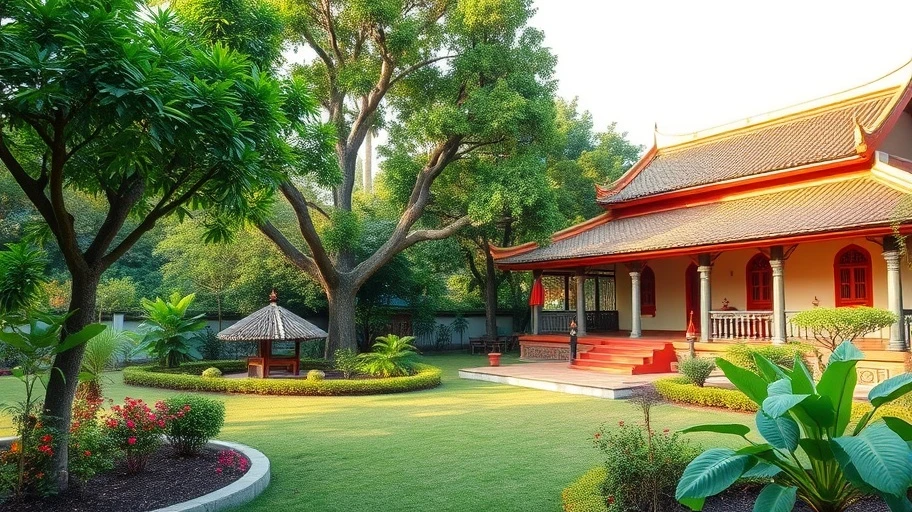 Hình ảnh vườn yên bình trong chùa Phật giáo Việt Nam.