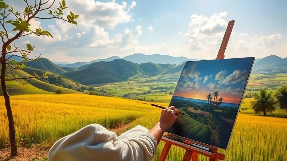 Họa sĩ vẽ cảnh quan tươi đẹp nơi miền quê Việt Nam.
