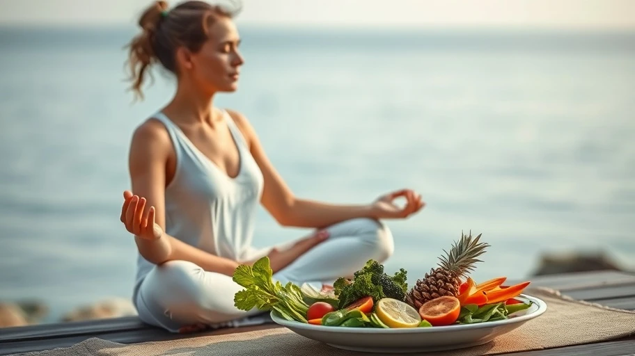 Meditating person with a healthy meal, symbolizing mindful weight management.