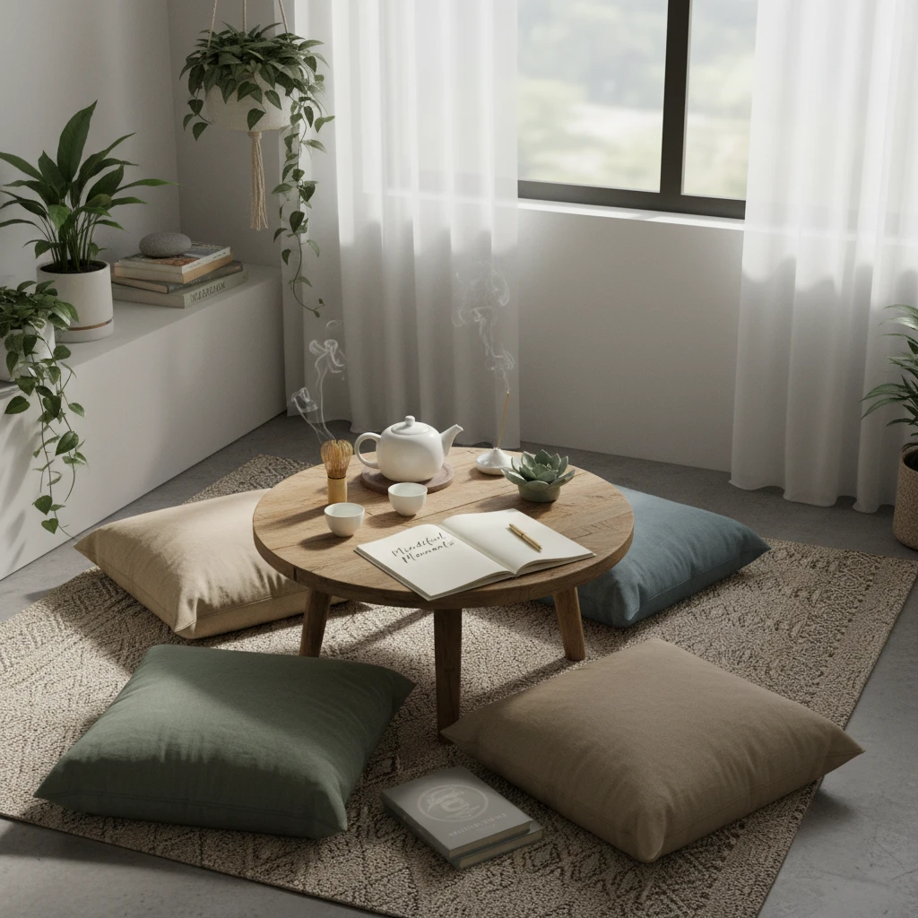 Một góc nhỏ tĩnh lặng với bộ trà và sổ ghi chú mở để nghiên cứu thiền chánh niệm