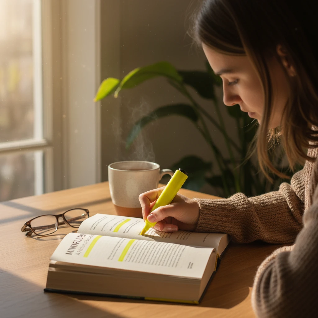 Người đang đọc và ghi chú sách về mindfulness dưới ánh sáng tự nhiên