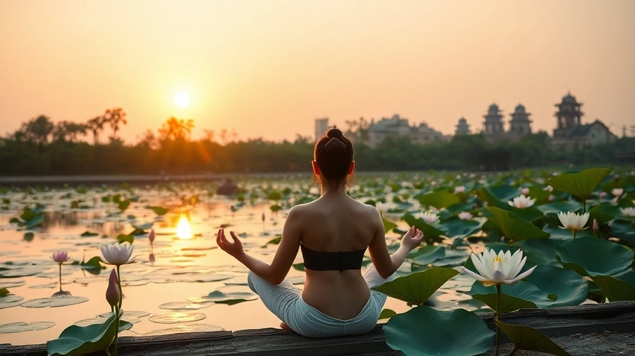 Người đang thiền bên hồ sen tại Việt Nam