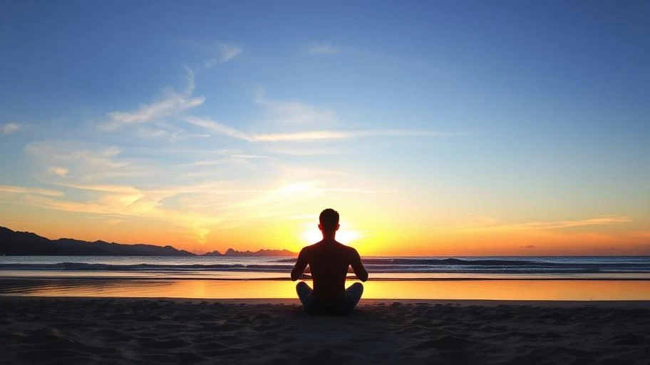 Người đang thiền định trên bãi biển Việt Nam lúc hoàng hôn