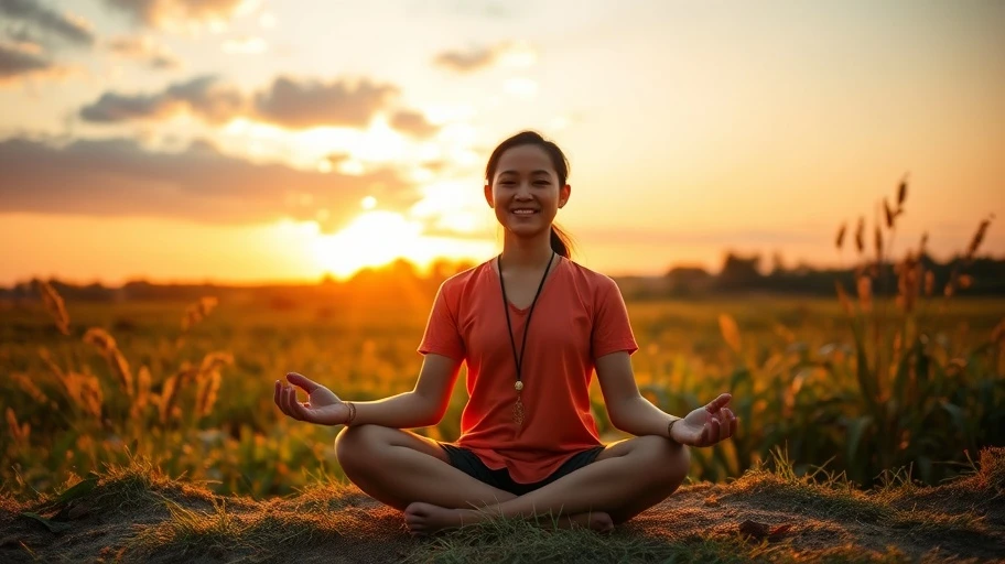 Người đang thiền với nụ cười thanh thản lúc bình minh