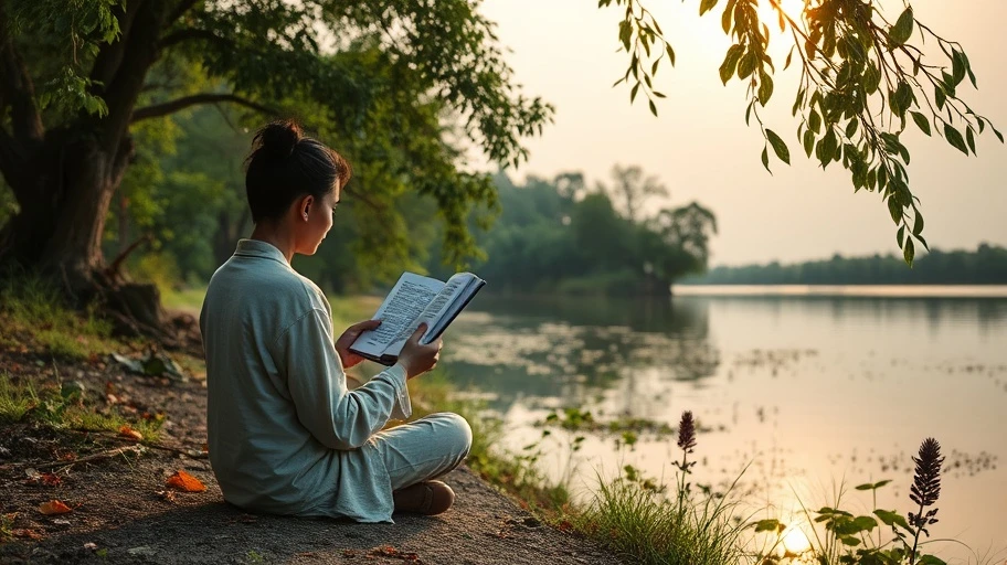 Người đọc sách bên bờ sông yên tĩnh tại Việt Nam