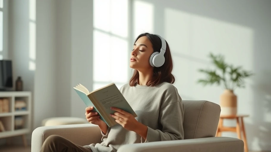 Người lắng nghe audiobook mindfulness với ánh sáng tự nhiên