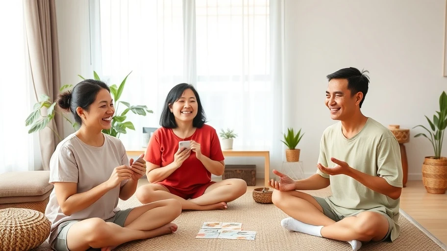 Người lớn sử dụng thẻ chánh niệm trong phòng khách.