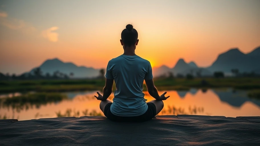 Người ngồi thiền thư giãn vào lúc bình minh tại Việt Nam.