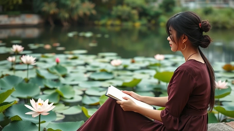 Người phụ nữ đang viết nhật ký bên hồ sen, biểu tượng cho sự nhận thức cá nhân.