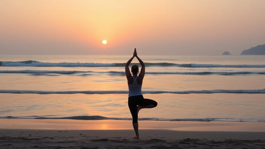 Người tập yoga trên bãi biển lúc bình minh, biểu tượng cho thư giãn tinh thần.