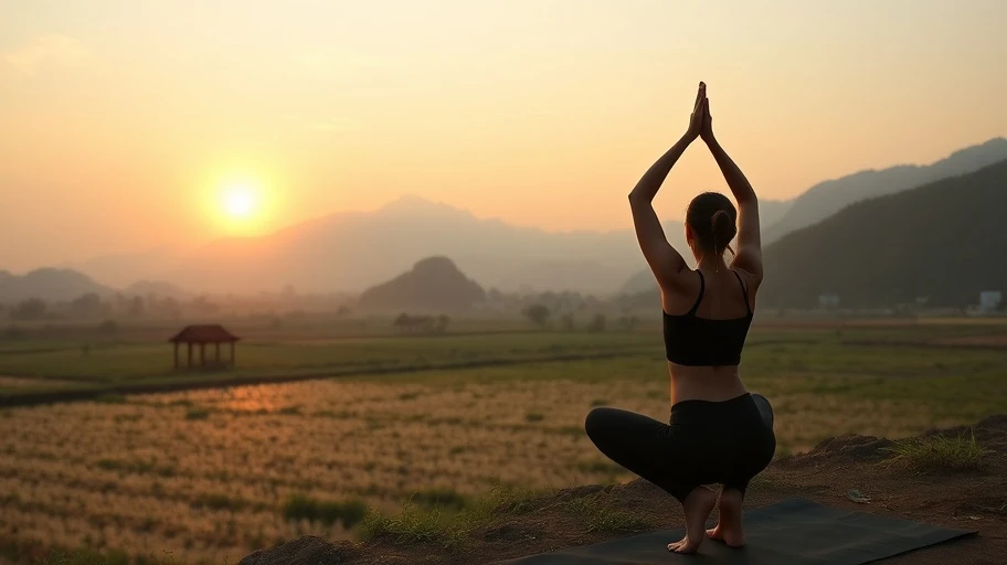 Người tập yoga trong cảnh bình minh yên tĩnh ở Việt Nam