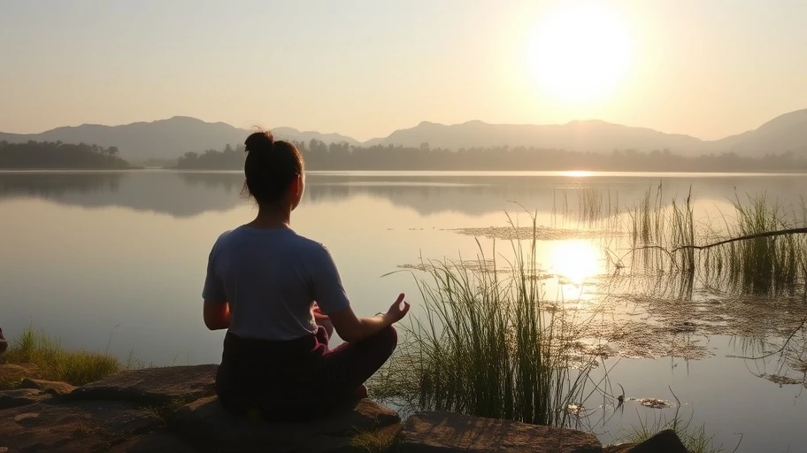 Người thiền bên hồ nước để cải thiện dinh dưỡng tinh thần.