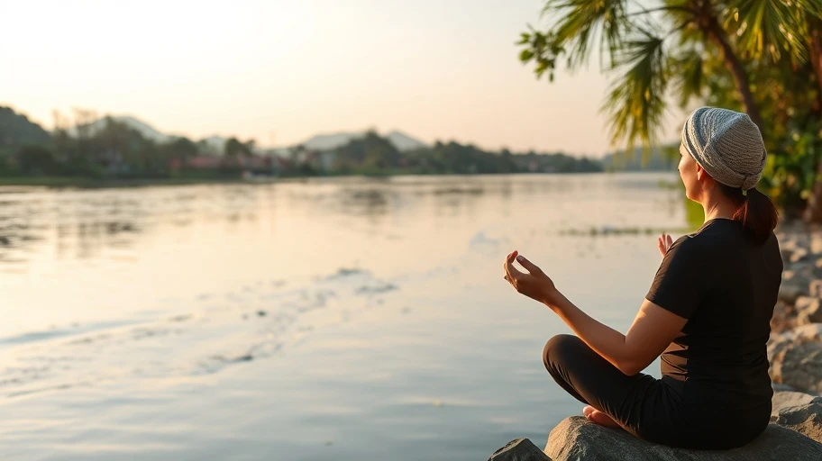 Người thiền định bên dòng sông ở Việt Nam tượng trưng cho sự tham gia và dòng chảy