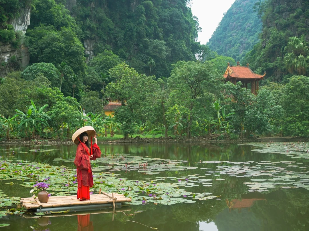 Người thiền định trong thiên nhiên với hồ nước yên tĩnh, cây xanh và ánh sáng vàng