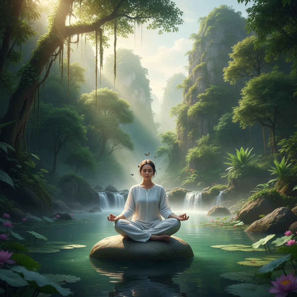 Người thiền tập trung vào hơi thở trong môi trường thiên nhiên yên bình.