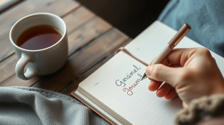Người viết nhật ký biết ơn cạnh tách trà.