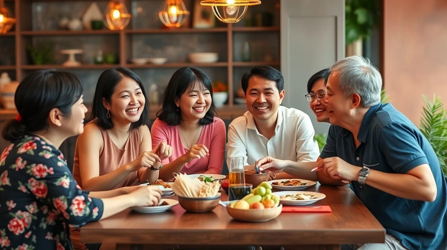 Nhóm bạn bè đang cười đùa xung quanh bàn ăn, biểu tượng cho kết nối xã hội.
