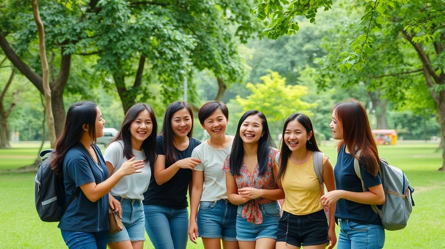 Nhóm bạn giao tiếp vui vẻ ngoài công viên xanh tươi.