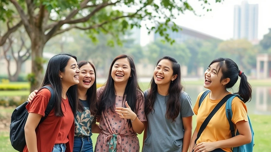 Nhóm bạn ở công viên tại Việt Nam tượng trưng cho mối quan hệ tích cực