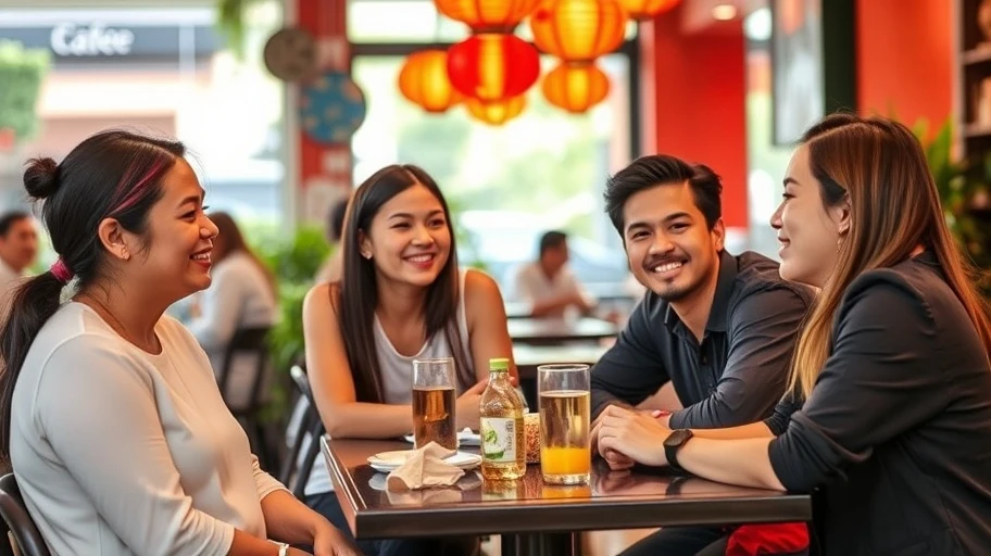 Nhóm bạn trò chuyện tại quán cà phê ở Việt Nam