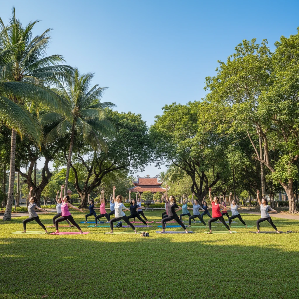 Nhóm người tập yoga tại công viên.