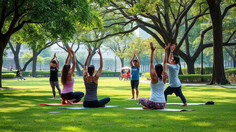 Nhóm người tập yoga trong công viên Việt Nam