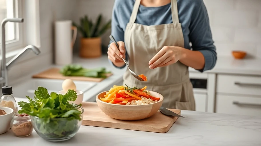 Person preparing a meal, demonstrating practical tips for mindful eating.
