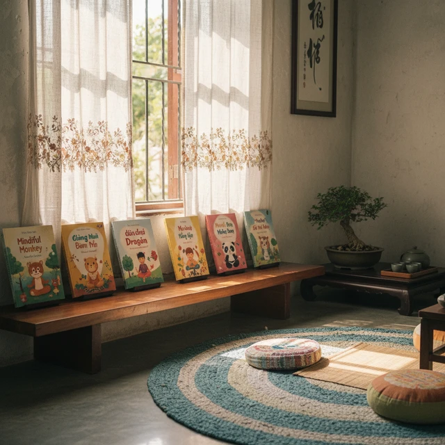 Sách về thiền cho trẻ em được trưng bày trong không gian ấm cúng.