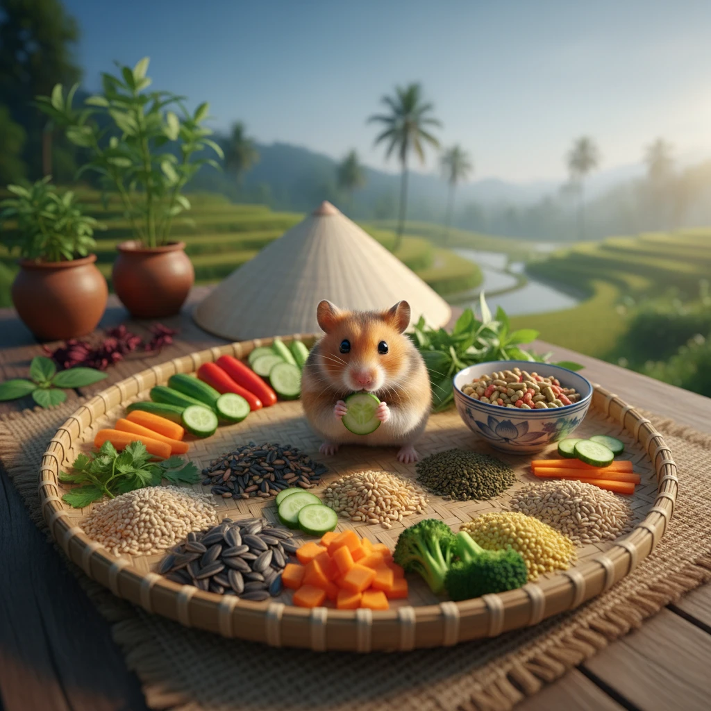 Thức ăn đa dạng cho chuột hamster bao gồm hạt và rau tươi.
