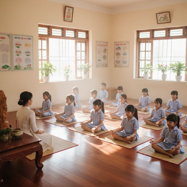 Trẻ em thiền trong lớp học tại Việt Nam, không khí yên bình.