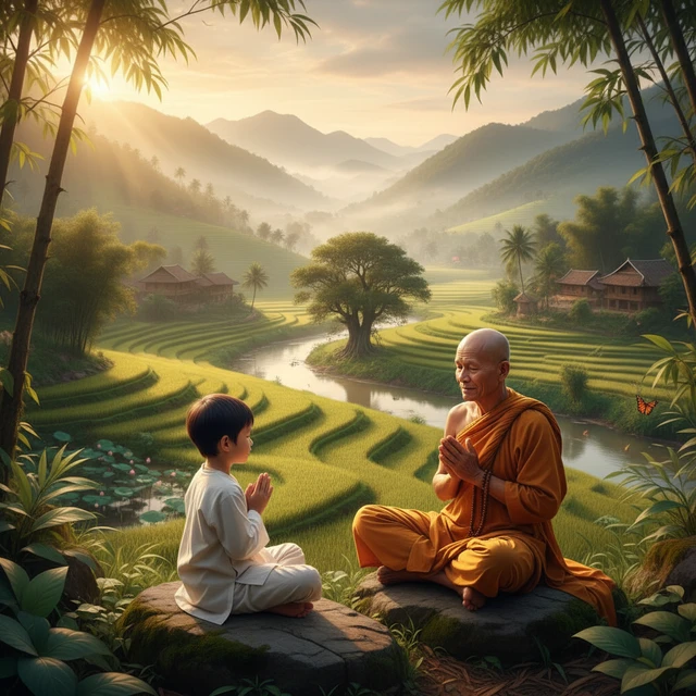 Trẻ em và thiền sư thiền định trong không gian yên tĩnh của Việt Nam.